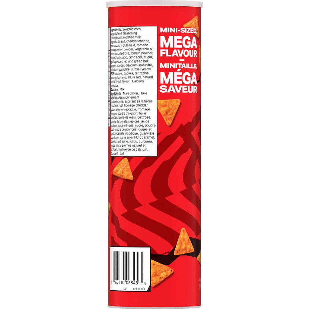 Doritos Minis Nacho Flavored Tortilla Chips, 145g, back of canister.