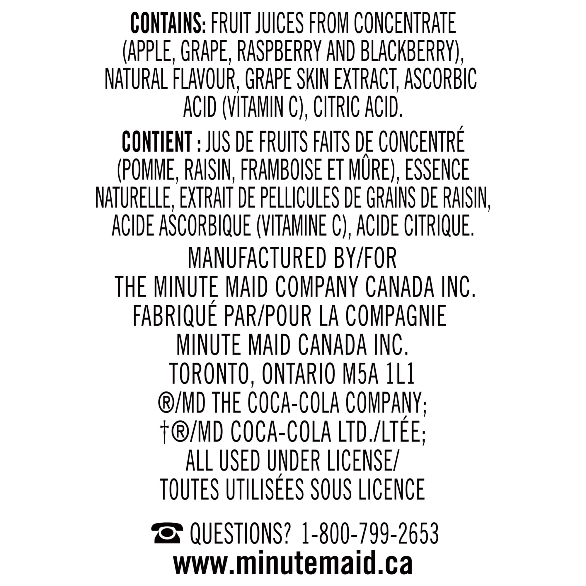 Minute Maid Mixed Berry Juice Boxes Perfect for On-The-Go, 8x200ml, 1.6L/56.4 fl. oz - Ingredients Label