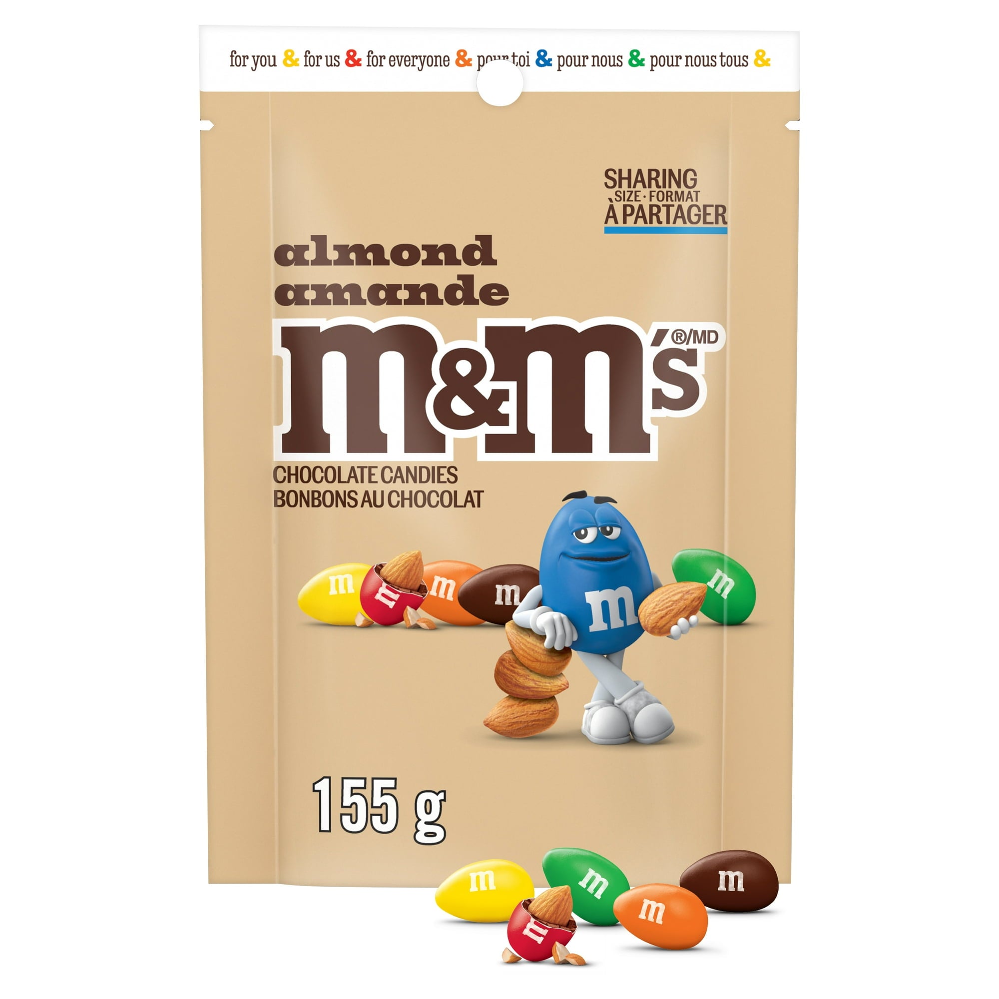 M&M's Almond Milk Chocolate Candies, Sharing - Size, 155g/5.5 oz., Bag, front of bag.