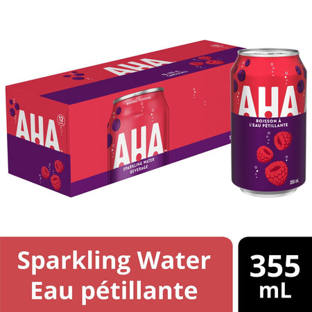 AHA sparkling water can and box on a white background