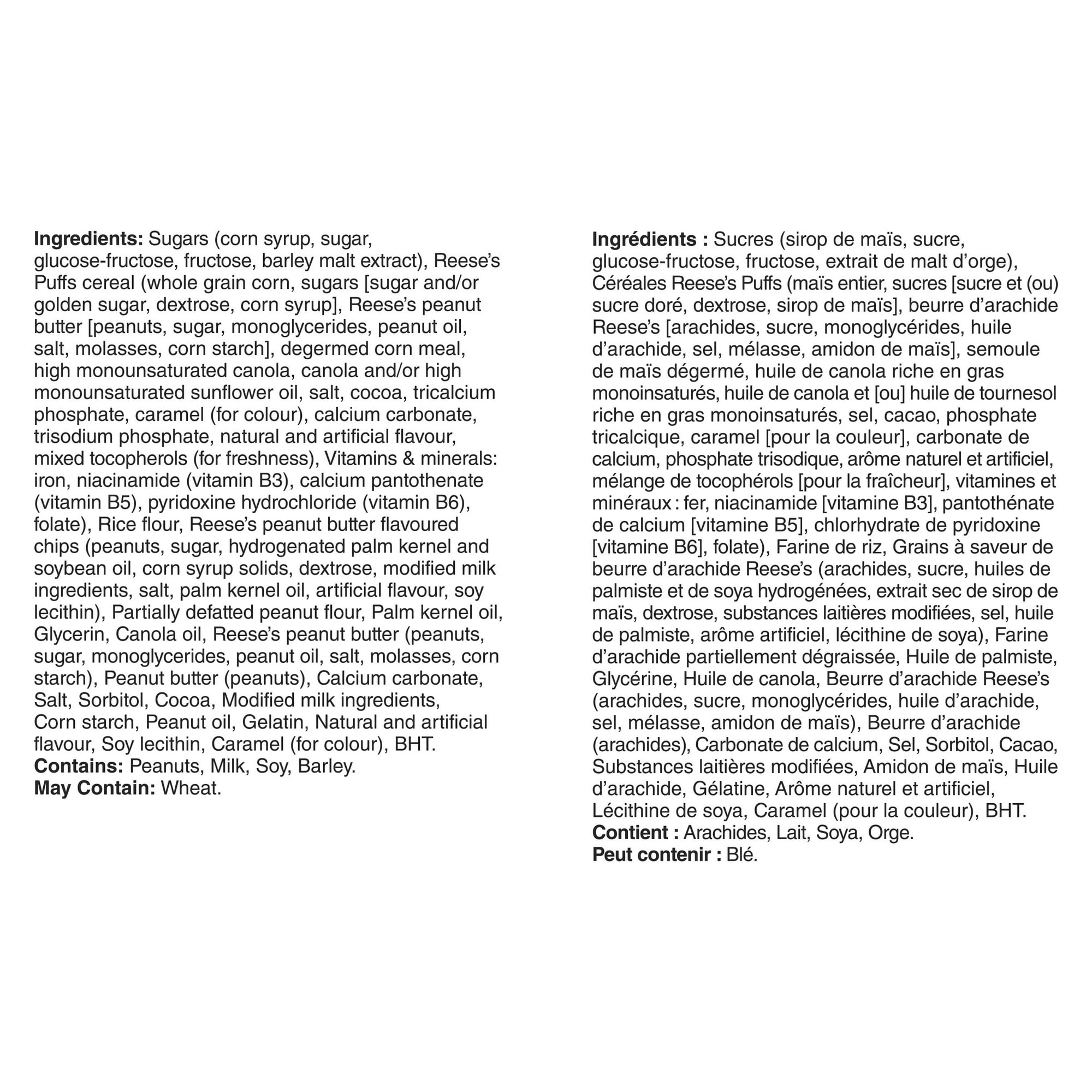 Reese's Puffs Peanut Butter & Cocoa Flavor Cereal Bars, Pack of 16 Bars, 385g/13.6 oz., Box, ingredients label