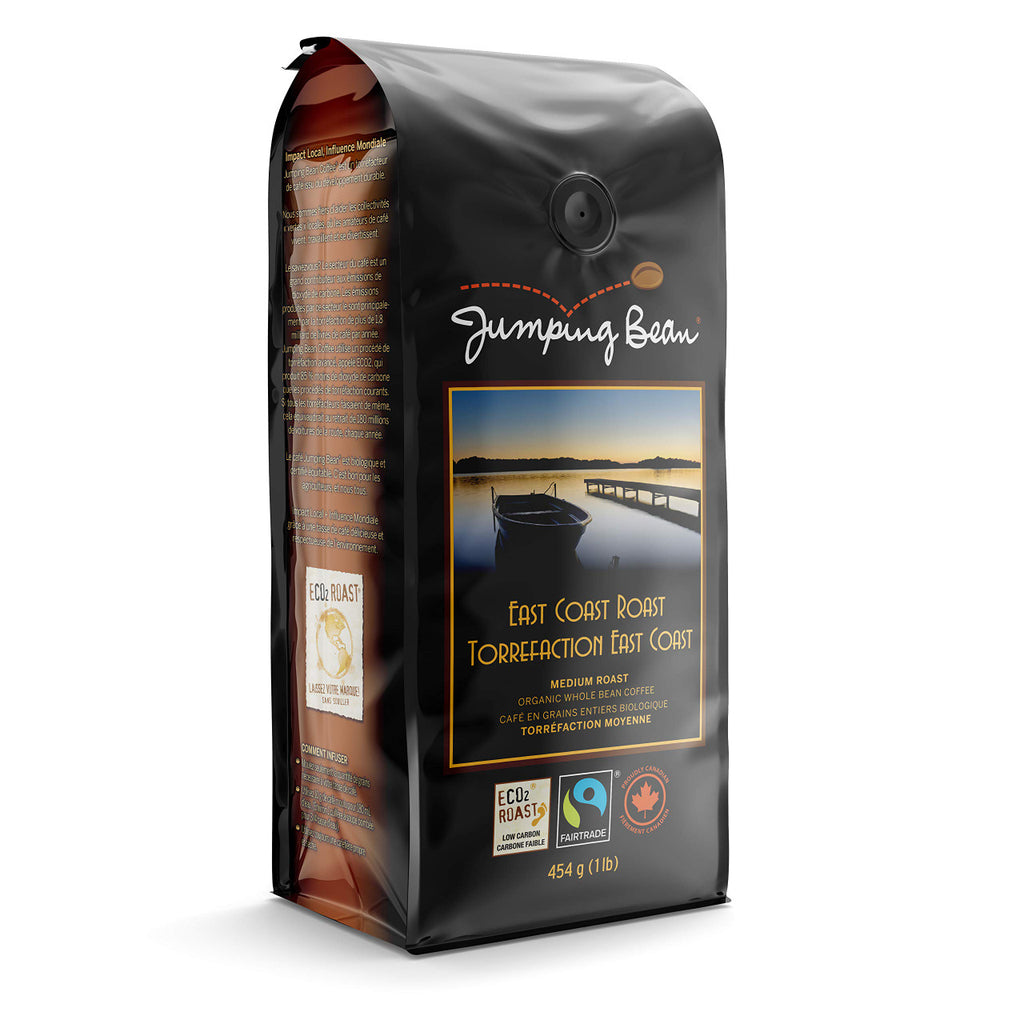 Jumping Bean East Coast Roast Fairtrade Organic Whole Bean Coffee, Medium Roast, 454g/1 lb.