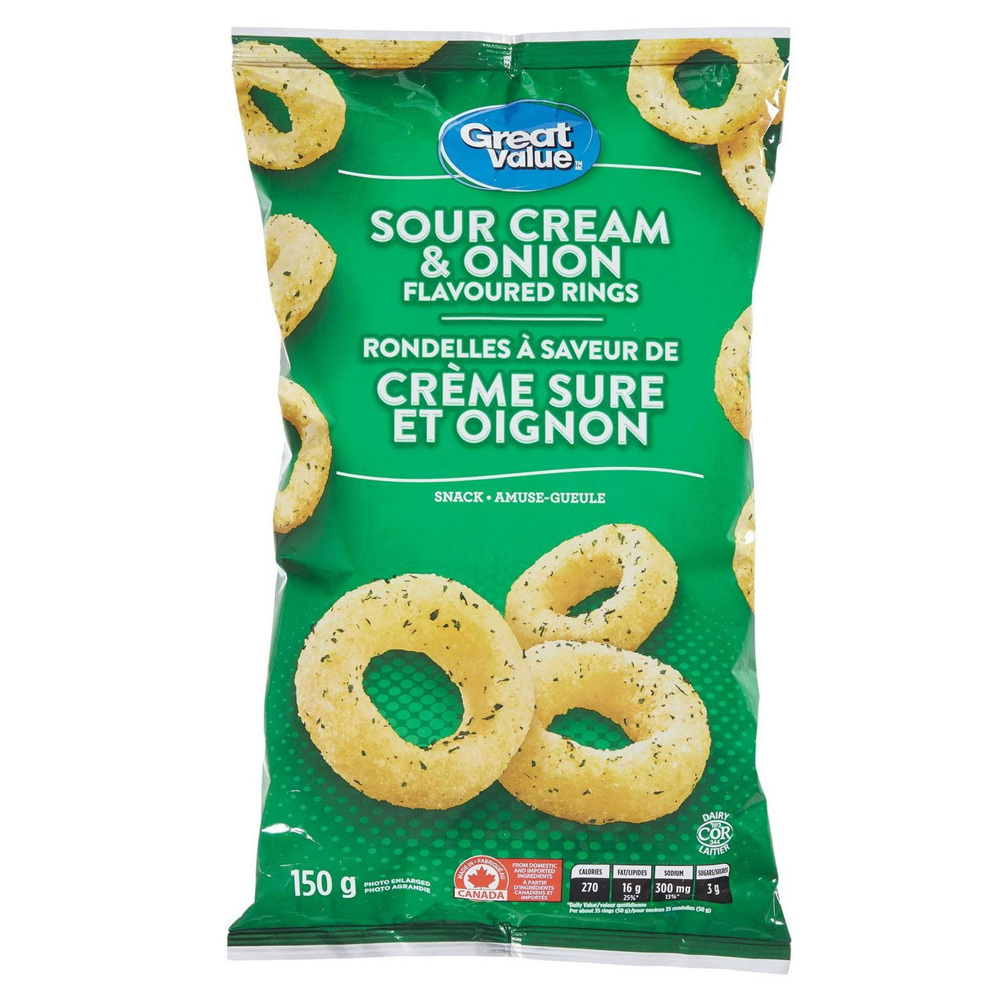 Great Value Sour Cream & Onion Flavoured Rings, 150g/5.3oz – Crispy, Savory Snack