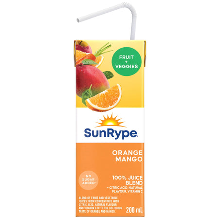 SunRype Fruit & Veggies Orange Mango Juice Boxes, Perfect For On-The-Go, 5x200ml, 1L/33.8 fl. oz. - Front Of One Juice Box