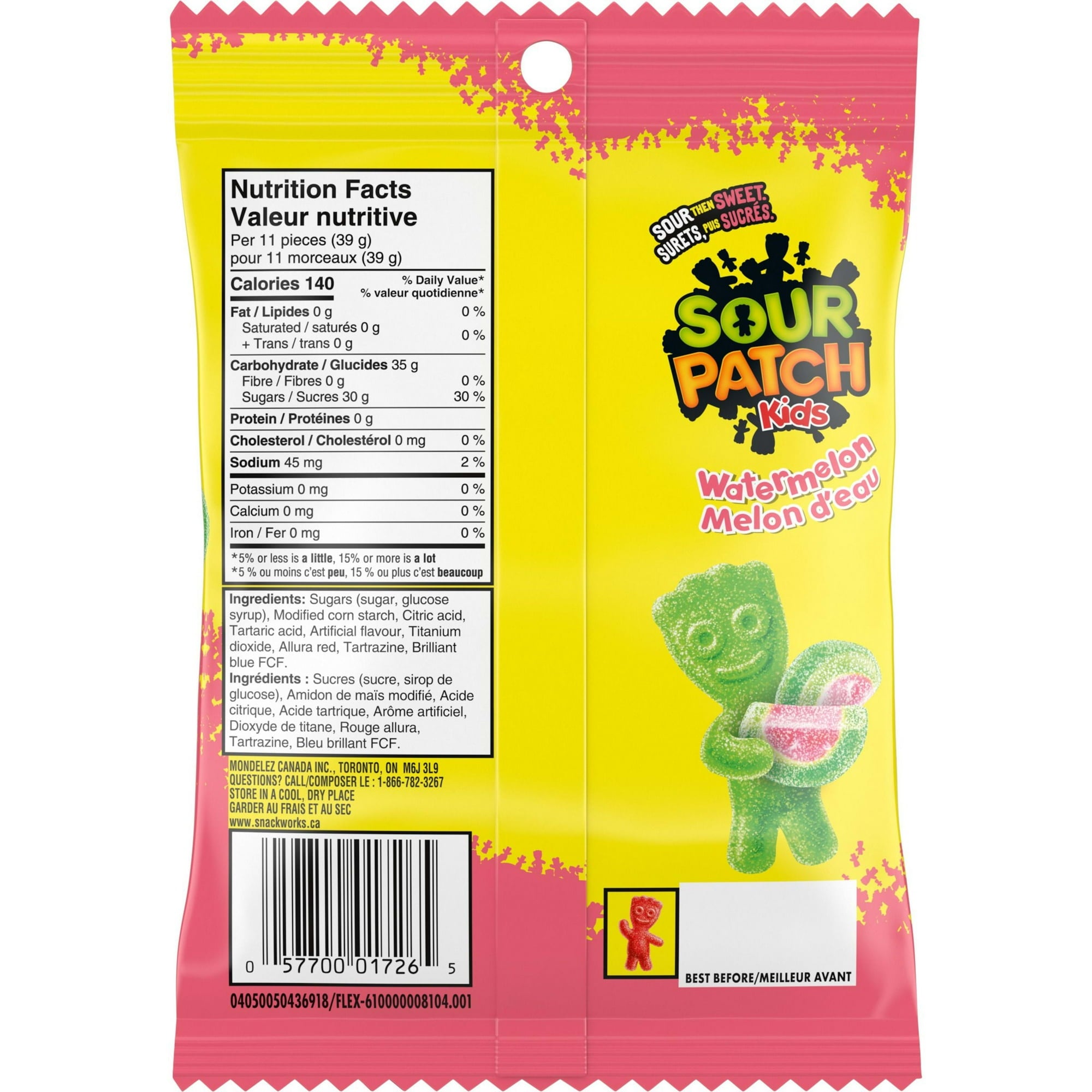 Sour Patch Kids watermelon candy package with nutrition facts label on a white background