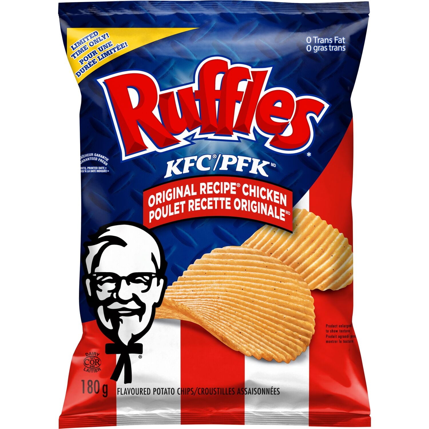 Ruffles KFC Original Recipe Chicken Potato Chips, 180g, front of bag.