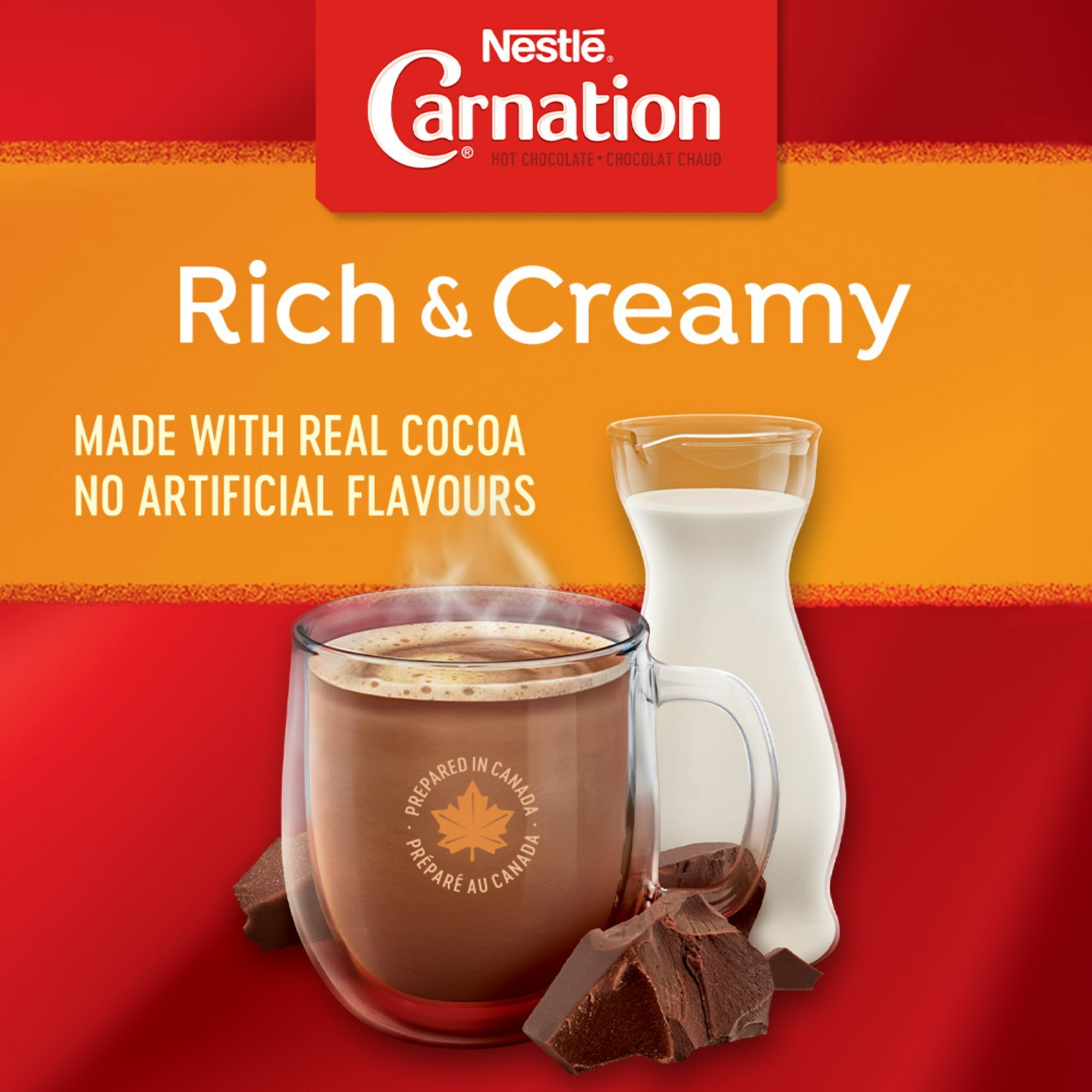 Nestle Carnation chocolate product with a cup of hot chocolate and a carafe on a red and orange background.