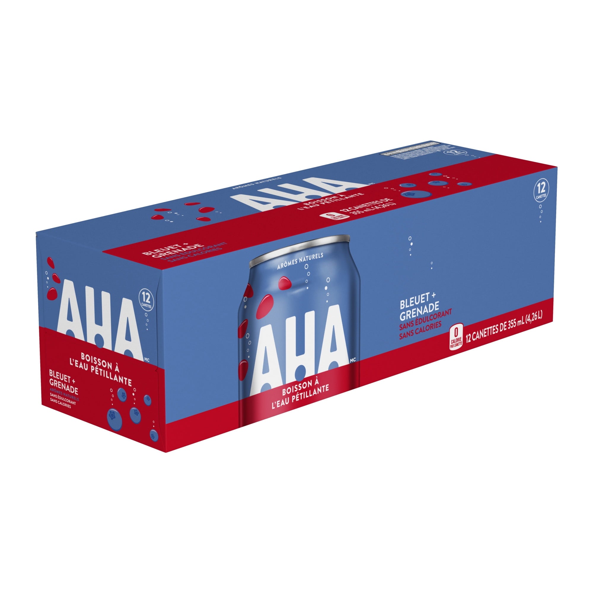 Box of AHA Blueberry Pomegranate sparkling water on a white background