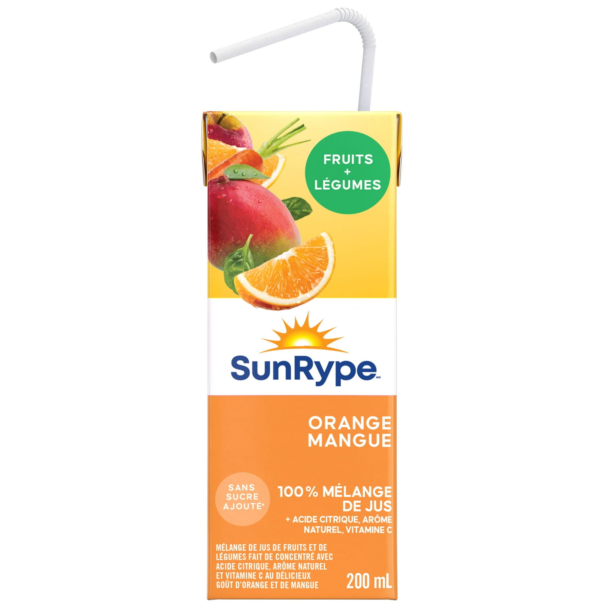 SunRype Fruit & Veggies Orange Mango Juice Boxes, Perfect For On-The-Go, 5x200ml, 1L/33.8 fl. oz. - Back Of One Juice Box
