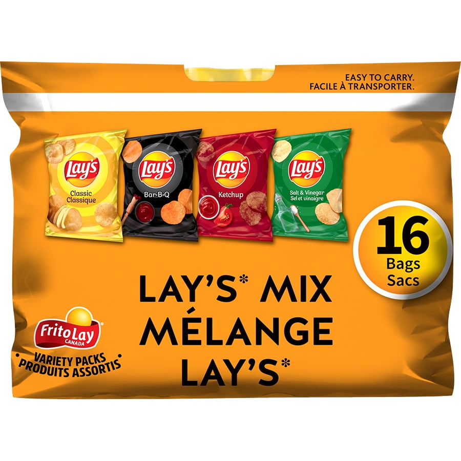 Frito-Lay Chips Variety Pack, Lay's Mix, Classic, BBQ, Ketchup, Salt & Vinegar Flavors (16ct x 28g), 448g, front of pack.