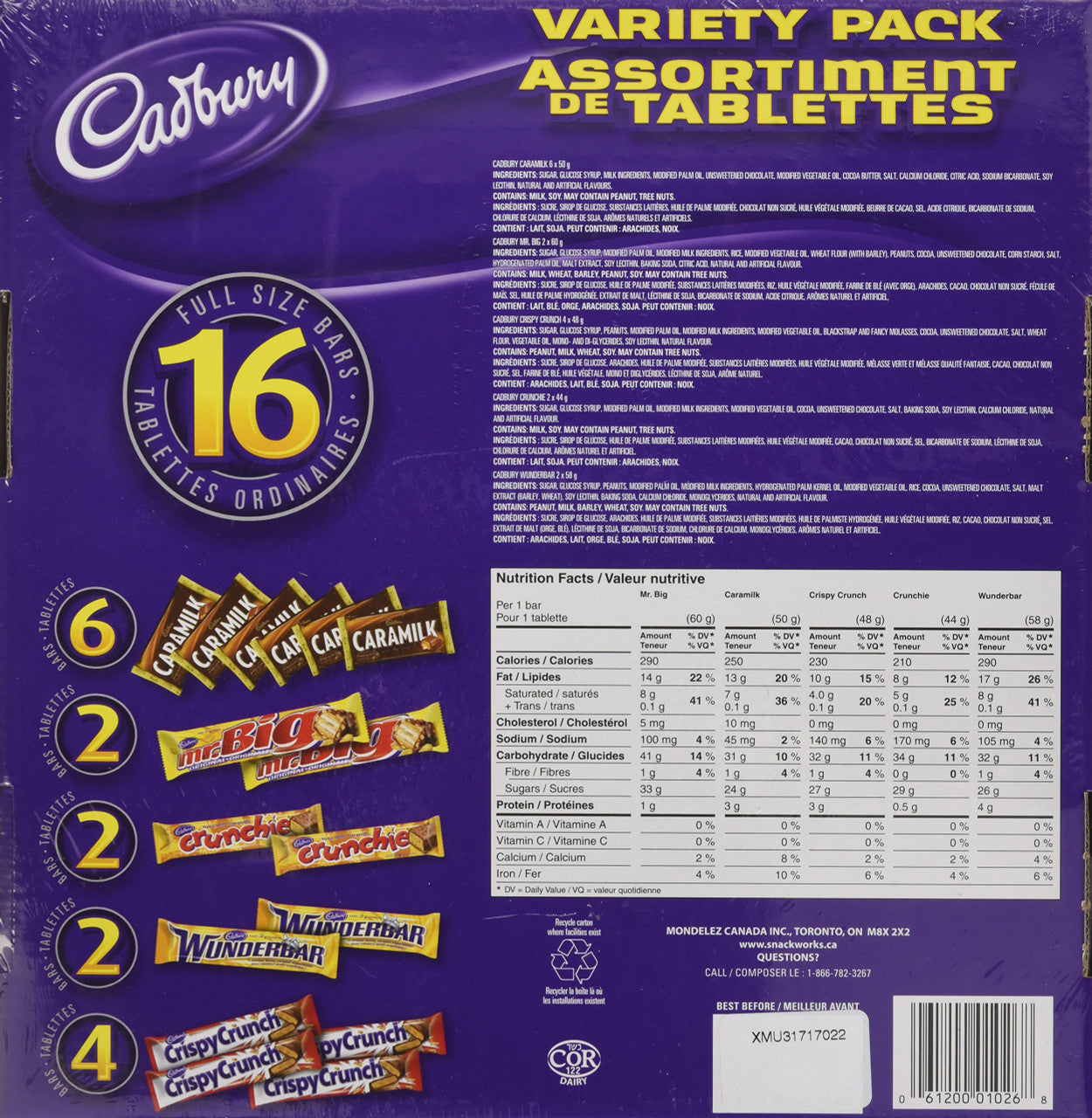 Cadbury 16 Full size Chocolate Bars Variety Pack - Wunderbar, Caramilk, Mr.Big, Crunchie, Crispy Crunch 816 g