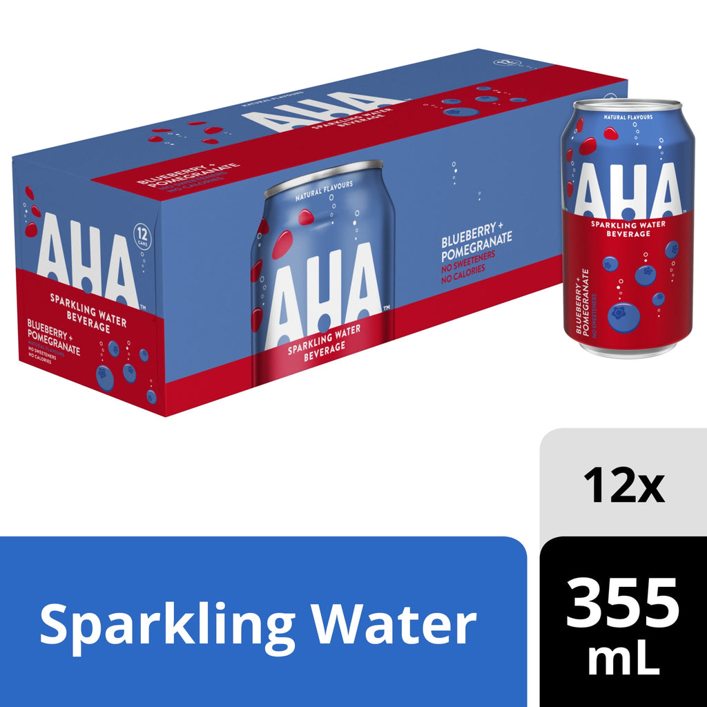 AHA sparkling water beverage packaging with one can and a box on a white background