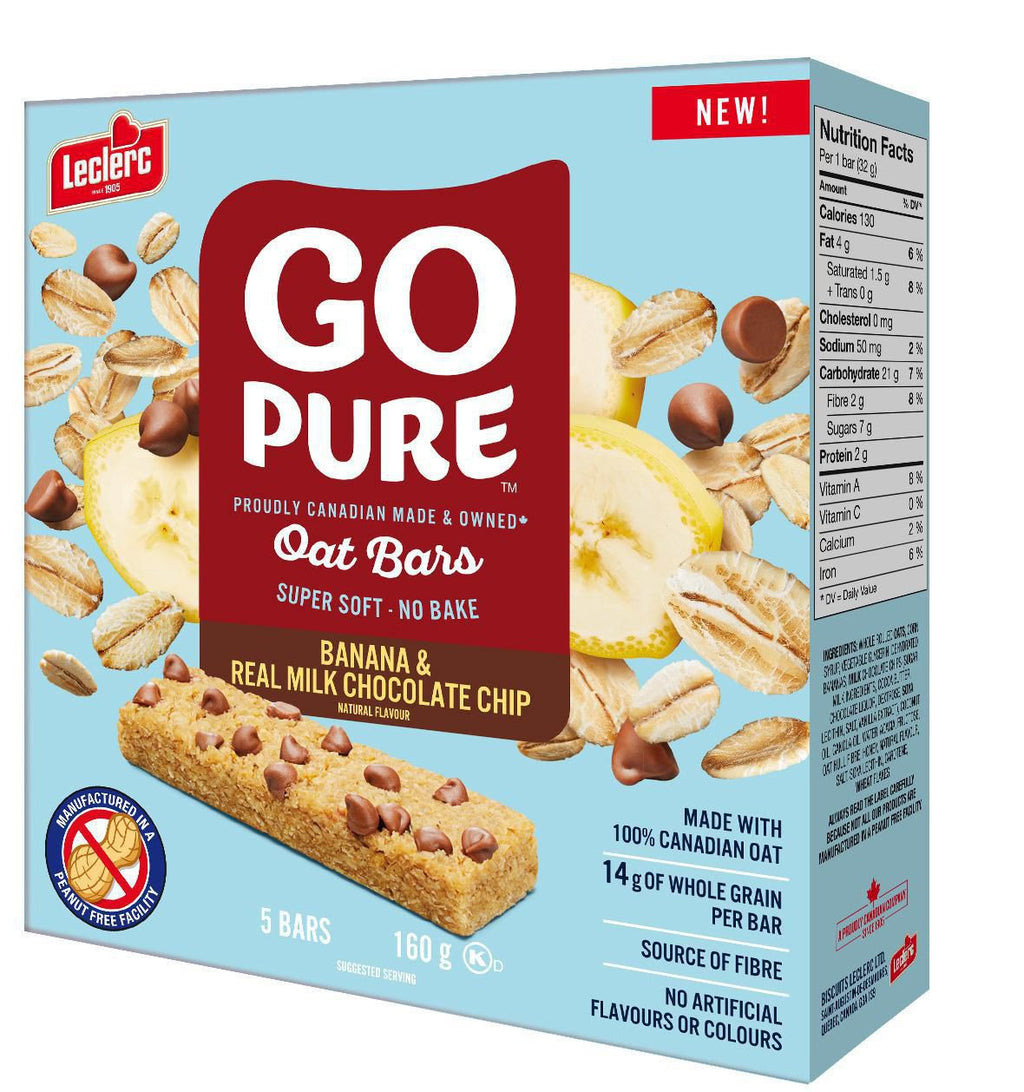 Leclerc, Go Pure Banana & Real Milk Chocolate Chip Oat Bars, 5ct, 160g/5.6 oz., {Imported from Canada}