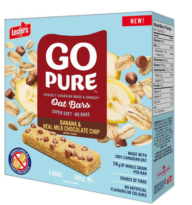 Leclerc, Go Pure Banana & Real Milk Chocolate Chip Oat Bars, 5ct, 160g/5.6 oz., {Imported from Canada}