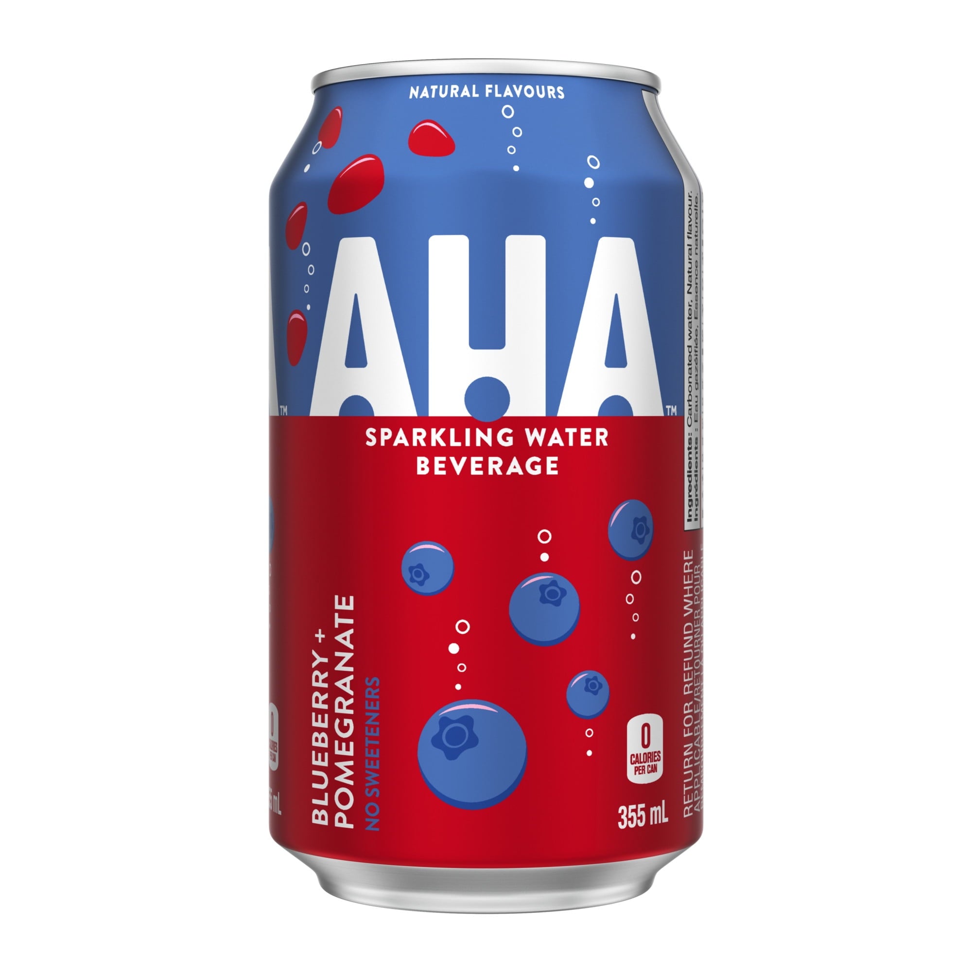 AHA sparkling water beverage can with blue and red design on a white background