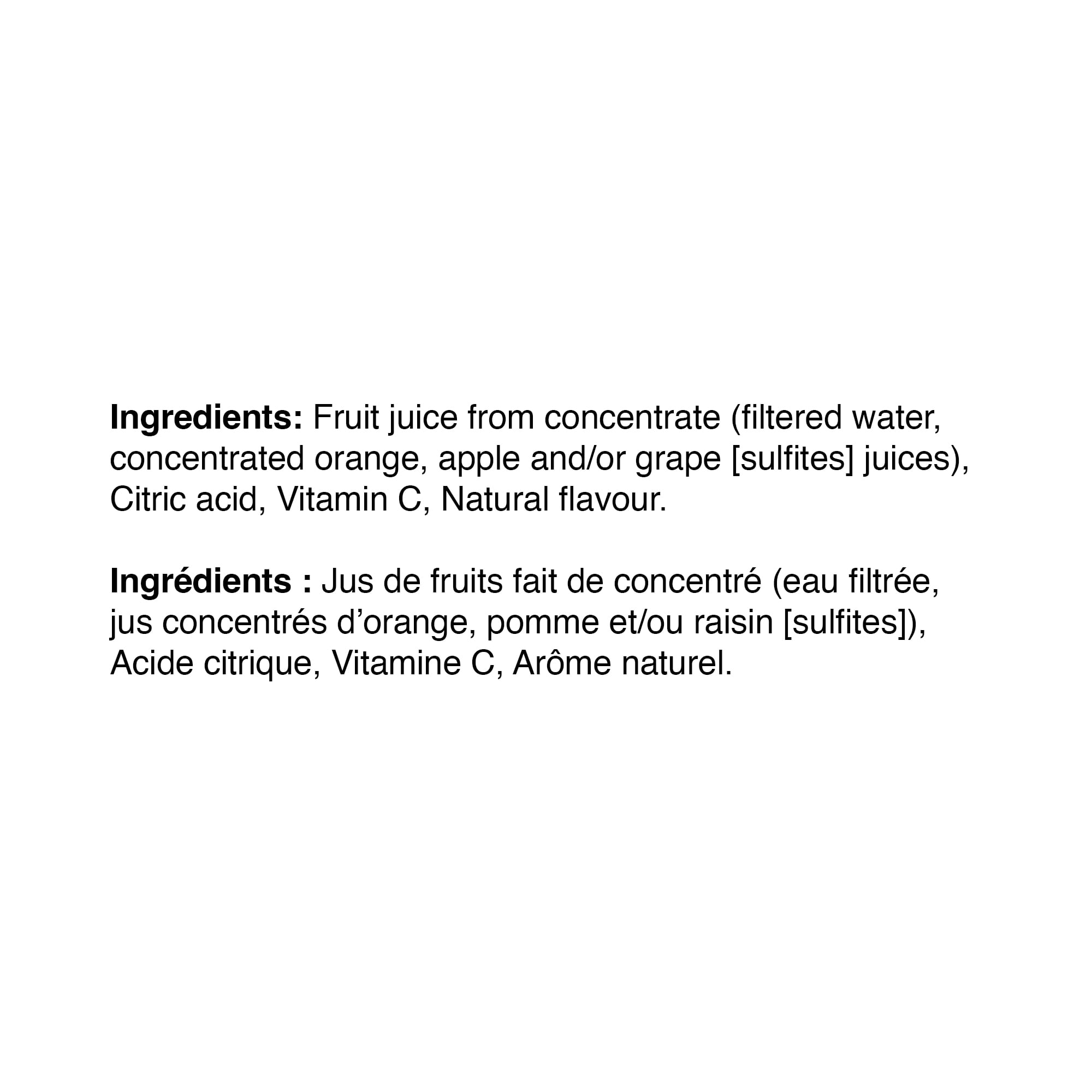 SunRype Fruit Juice, Orange, 900ml/30.4 fl. oz. Carton, ingredients label