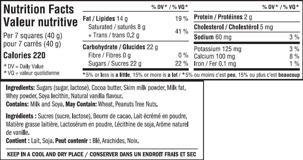 Waterbridge Belgian White Chocolate, 400g/14.1 oz Bar, {Imported from Canada}