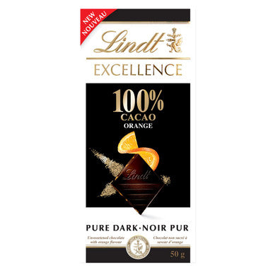 Lindt Excellence Orange 100% Cacao Pure Dark Chocolate Bar, 100g/3.5 oz. {Imported from Canada}