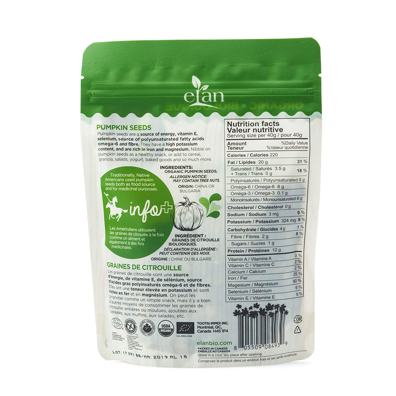 ELAN Organic Pumpkin Seeds, 185g/6.5oz., {Imported from Canada}