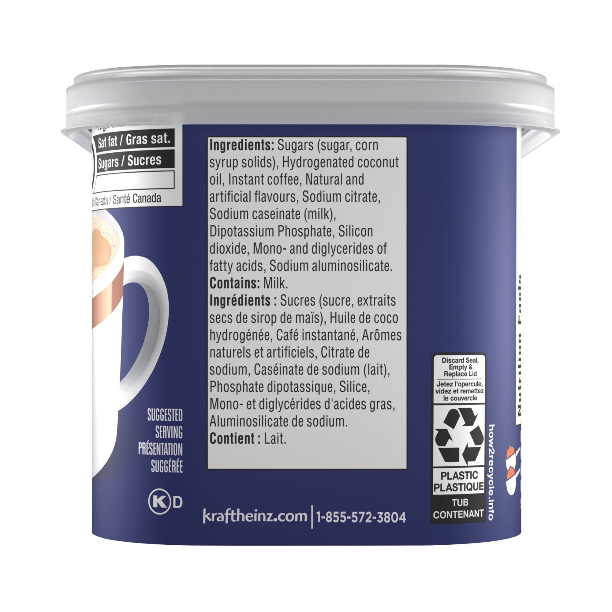 Back of a container of Maxwell House Hazelnut Cafe Instant Coffee Beverage Mix with nutritional information and contact details on a white background