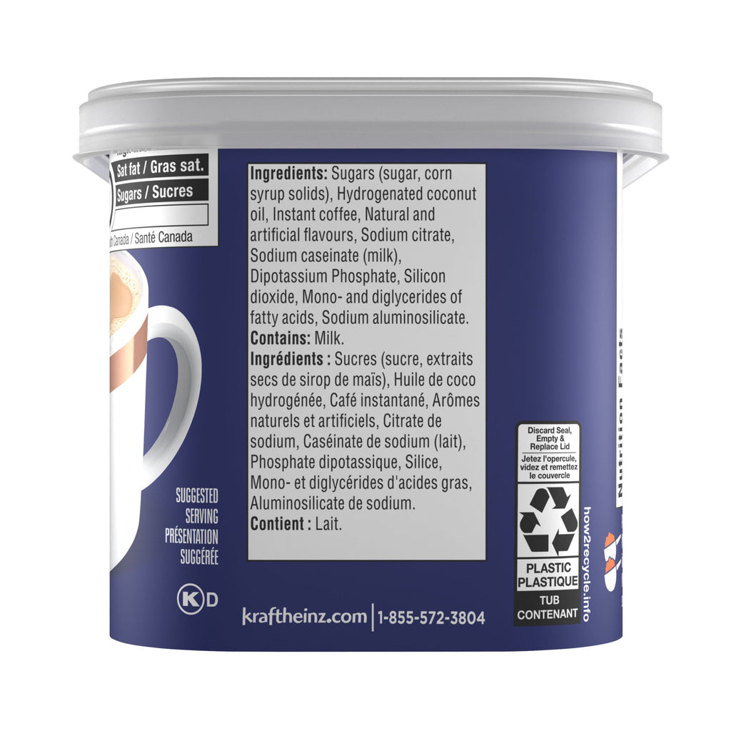 Back of a container of Maxwell House Hazelnut Cafe Instant Coffee Beverage Mix with nutritional information and contact details on a white background