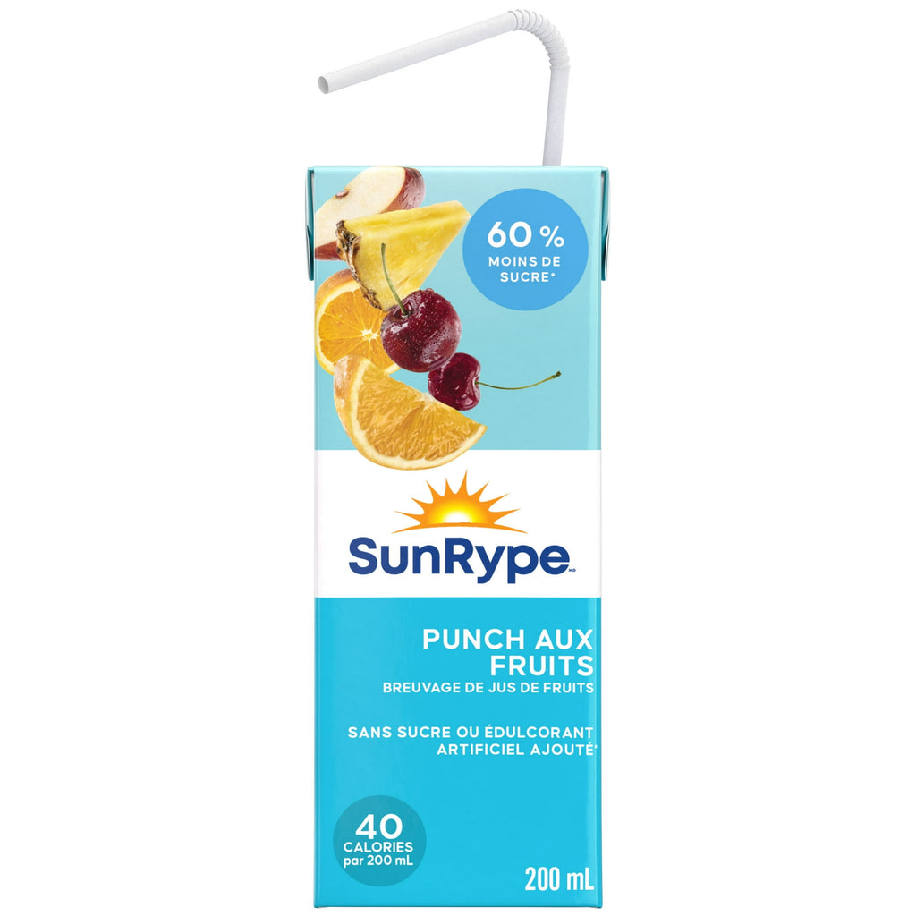 SunRype Fruity Punch Juice Boxes Perfect for On-The-Go, 5x200ml, 1L/33.8 fl. oz. - Back Of One Juice Box