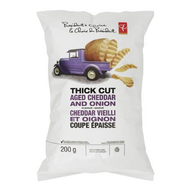 President's Choice Thick Cut Aged Cheddar Onion Rippled Potato Chips, 200g/7.1oz.,{Imported from Canada}