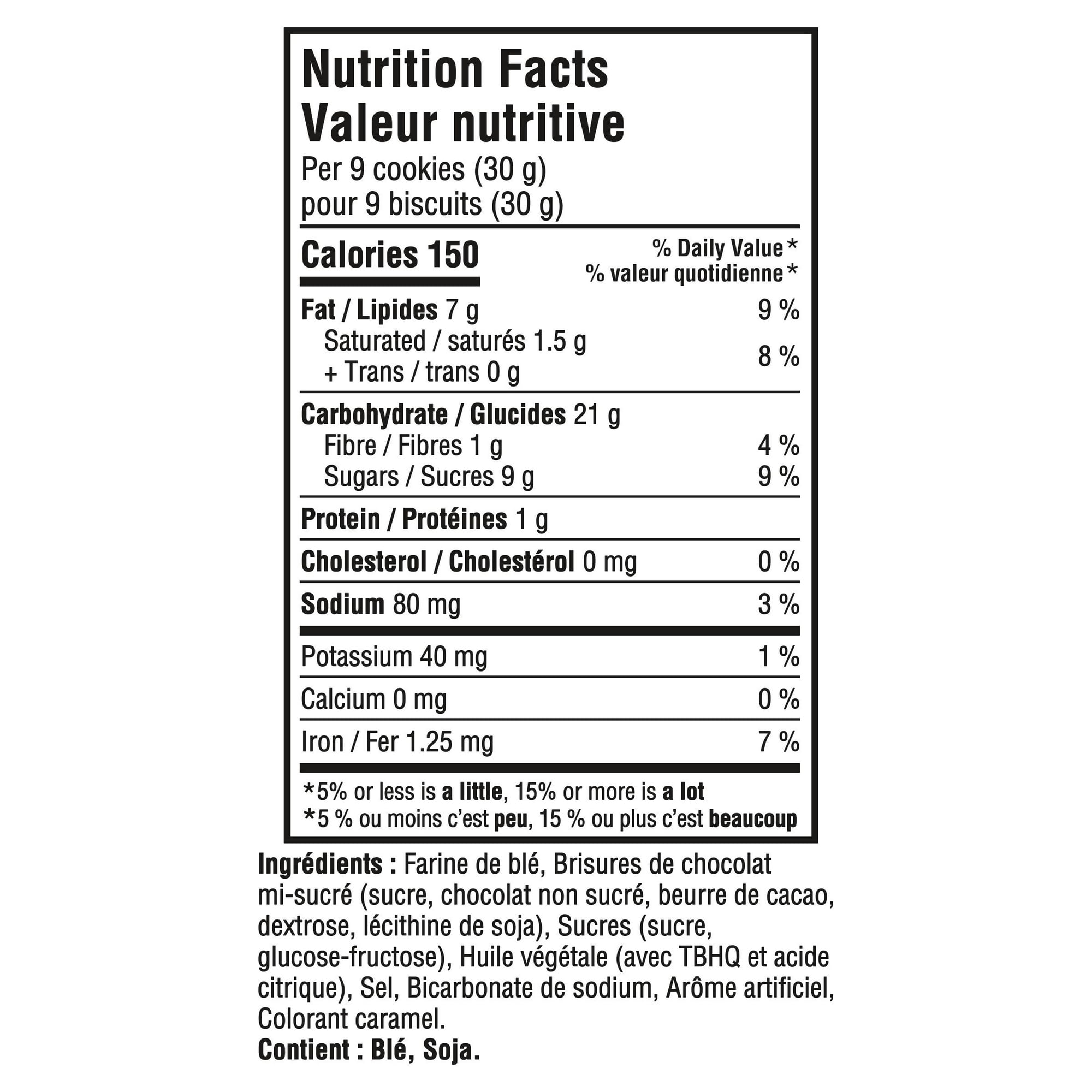 Nutrition facts label for Chips Ahoy! Chocolate Chip Cookies With Mini Chips, 200g/7.05 oz on a white background