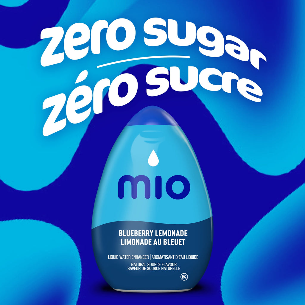 Mio blueberry lemonade bottle with 'Zero Sugar' text on a blue background