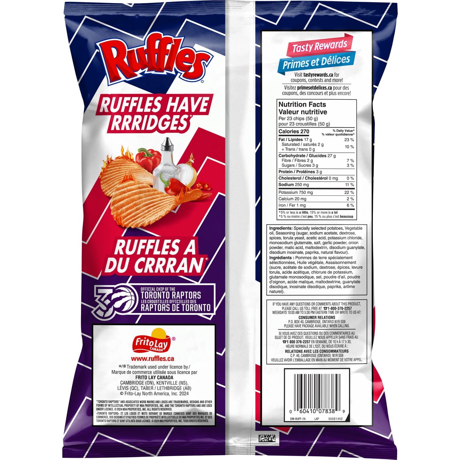 Back of Ruffles Spicy All-Dressed Potato Chips, 180g/6.3 oz., Bag