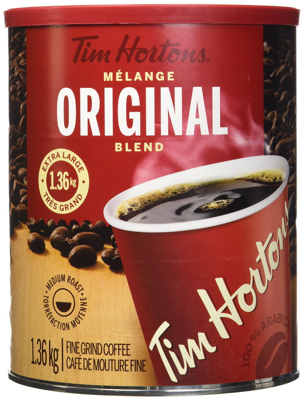 Tim Hortons 100% Arabica Medium Roast Original Blend Ground Coffee, 48 Ounces, 3 Pound Can, {Imported from Canada}