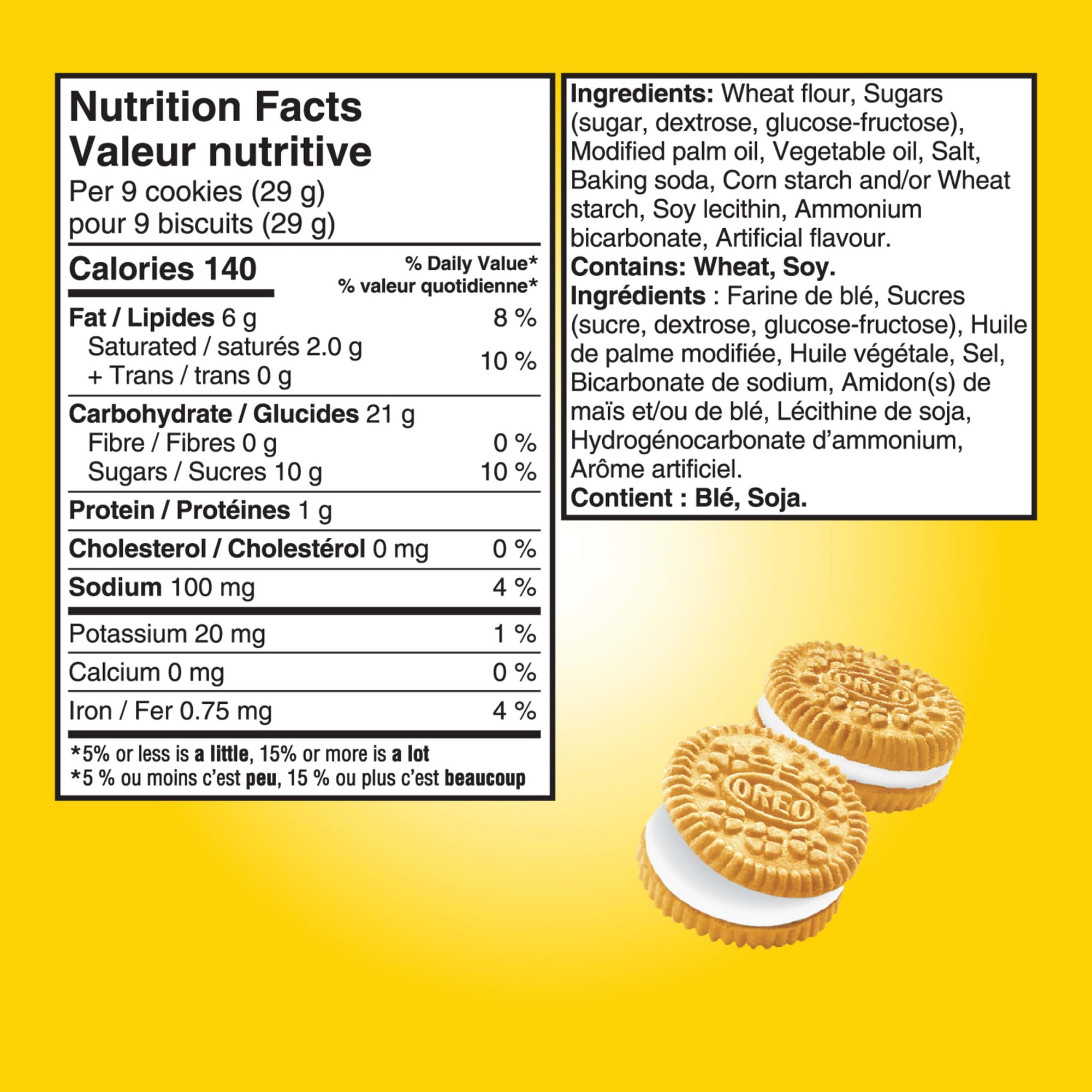 Oreo Golden Mini Dores, Sandwich Cookies, 200g/7.1 oz., Recloseable Bag, nutrition and ingredients label.