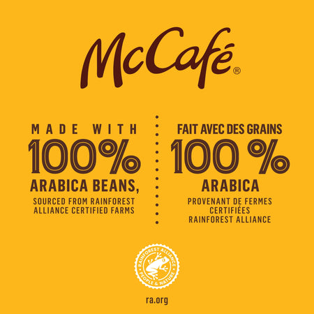 McCafé coffee label with 100% Arabica beans on a yellow background