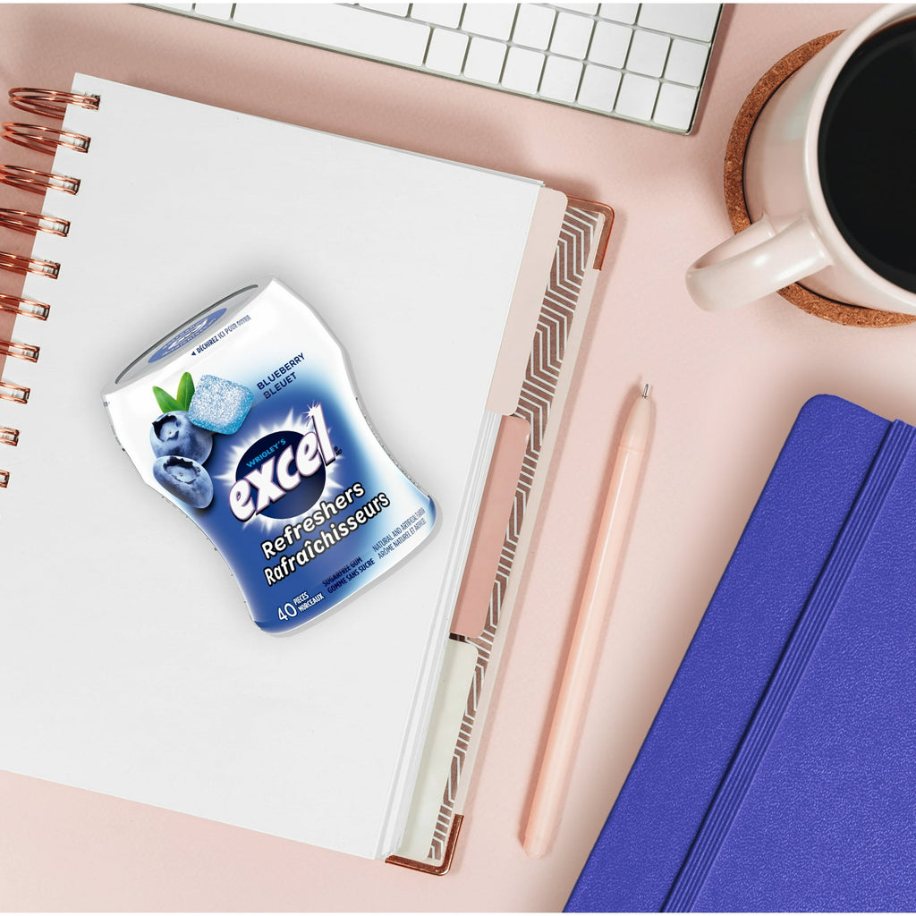 Excel Sugar-Free Gum, Refresher Blueberry, 6 ct. Package, one bottle on office desk.
