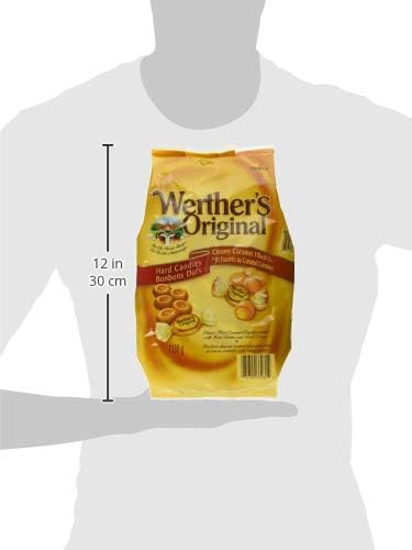Werther's Original Caramel Hard Candies & Creamy Caramel Filled Hard Candies, 1139g, pictur e shows the dimensions of the bag size.