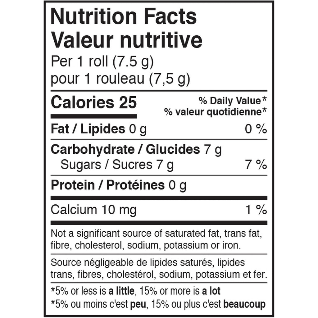 Nutrition facts label of Rockets Candy Rolls, 65 Rolls, 500g/1.1 lbs., Bag