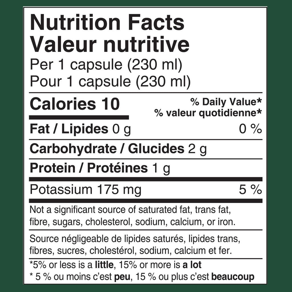 Nutrition facts label for Starbucks Sunsera Blend 100% Arabica Coffee, Nespresso Aluminum Capsules, 100g per 230 ml serving