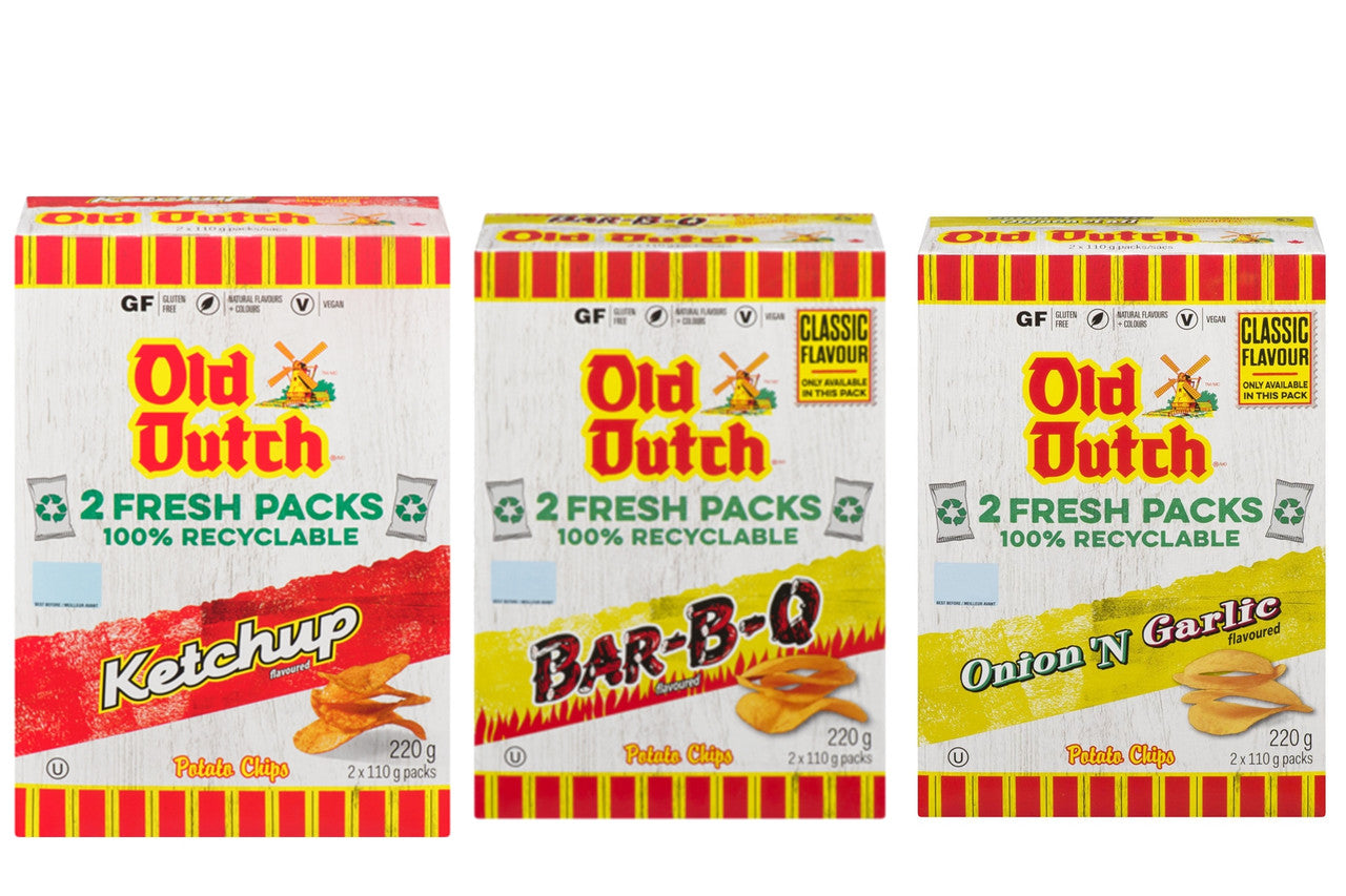 Old Dutch Variety Pack, Ketchup, BBQ, Onion & Garlic Chips, 220g/7.8 oz., Box of each, {Imported from Canada}