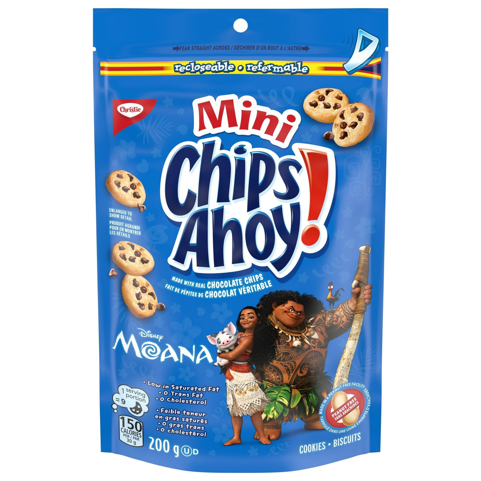 Chips Ahoy! Chocolate Chip Cookies With Mini Chips, 200g/7.05 oz featuring Moana and Maui from Disney on a blue background.