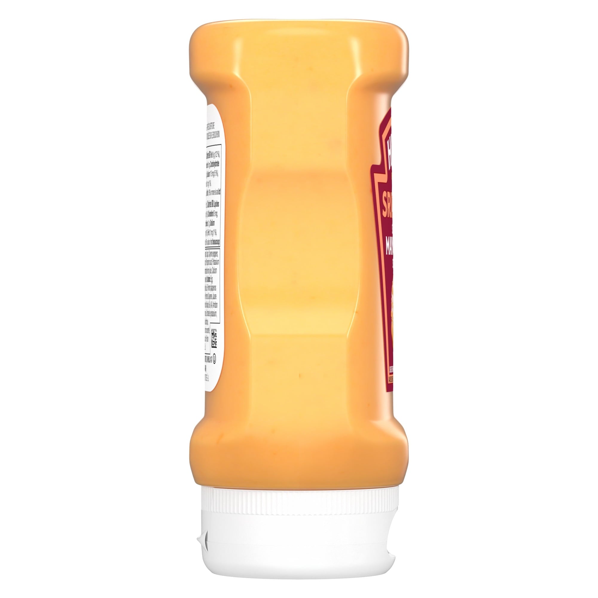 Other side of a Heinz Sriracha Mayonnaise Sauce 340ml bottle with a white label on a white background