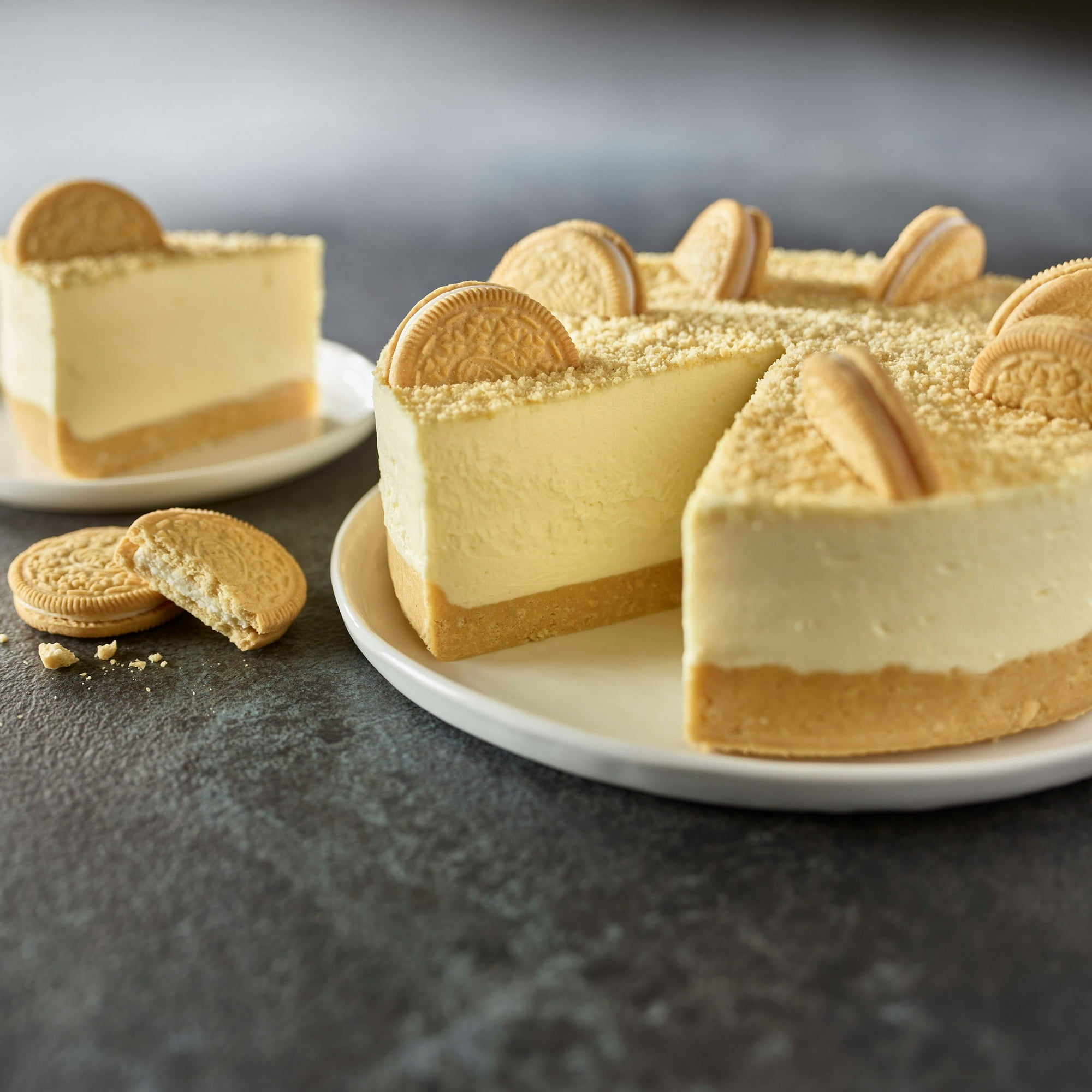 Oreo Double Stuf Golden Sandwich Cookies made into a cheesecake crust.