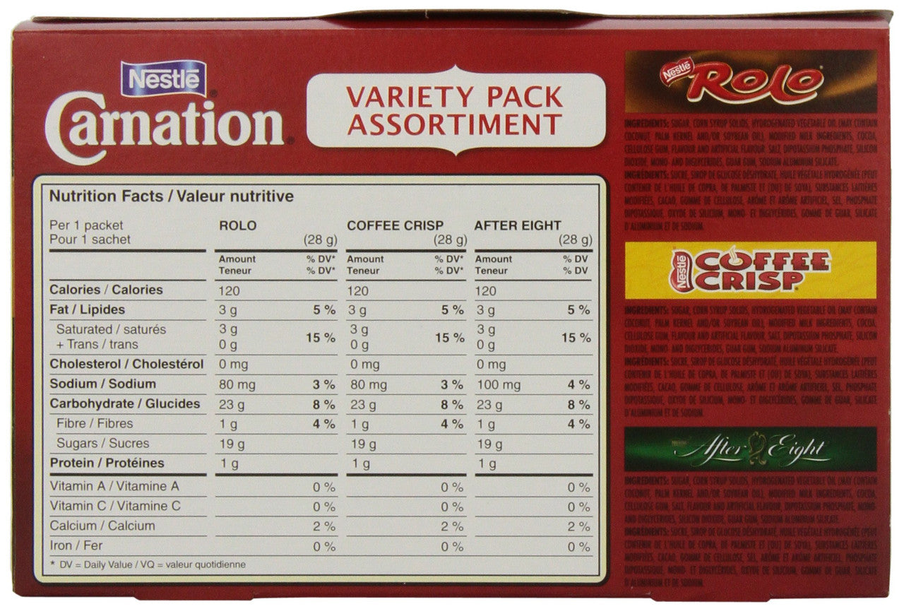 Nestle Carnation Hot Chocolate Variety Pack Turtles, Coffee Crisp, After Eight, 7-count Box, 28g Envelopes