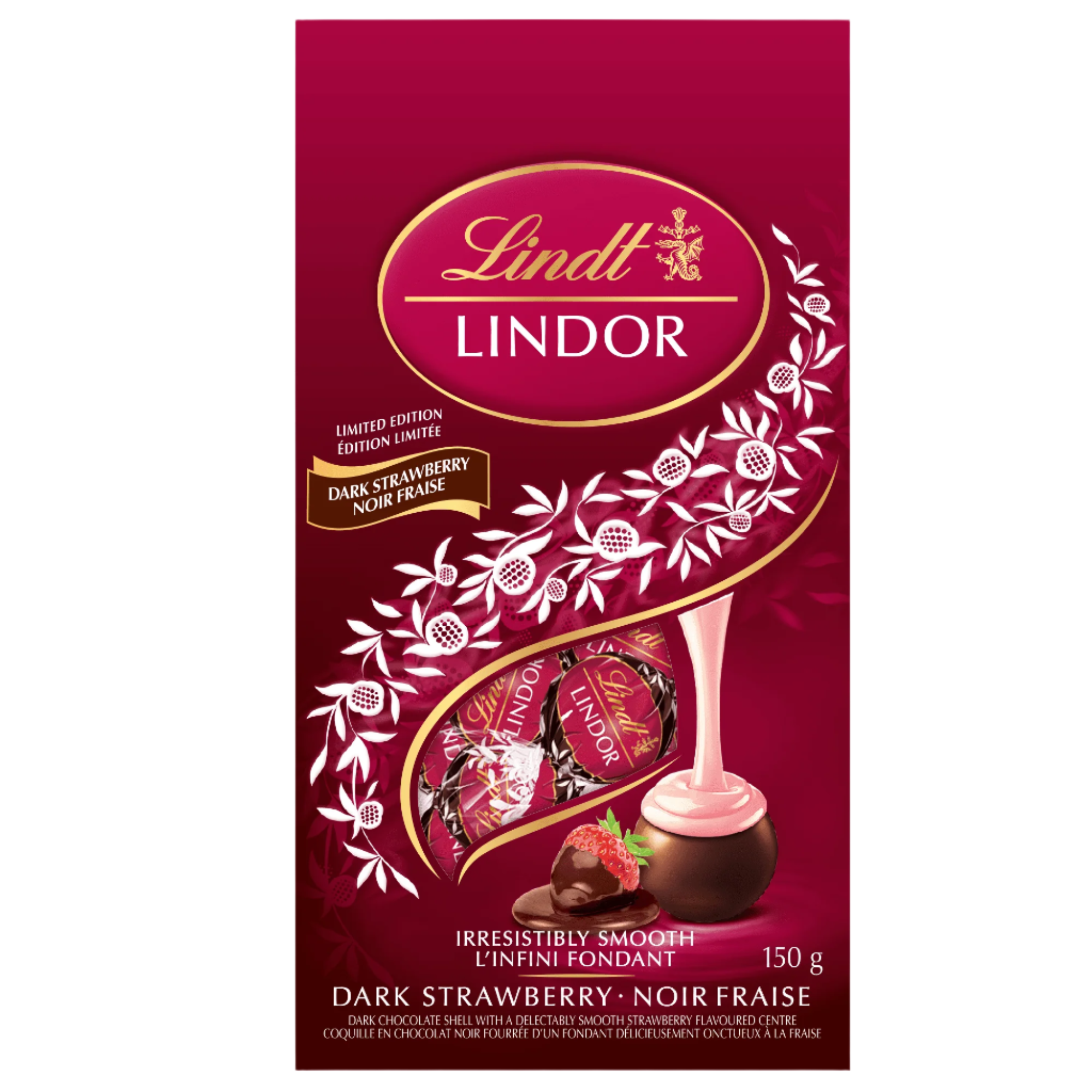 Lindt Lindor Dark Chocolate Strawberry Balls, 150g/5.2 oz. - Front Of Bag