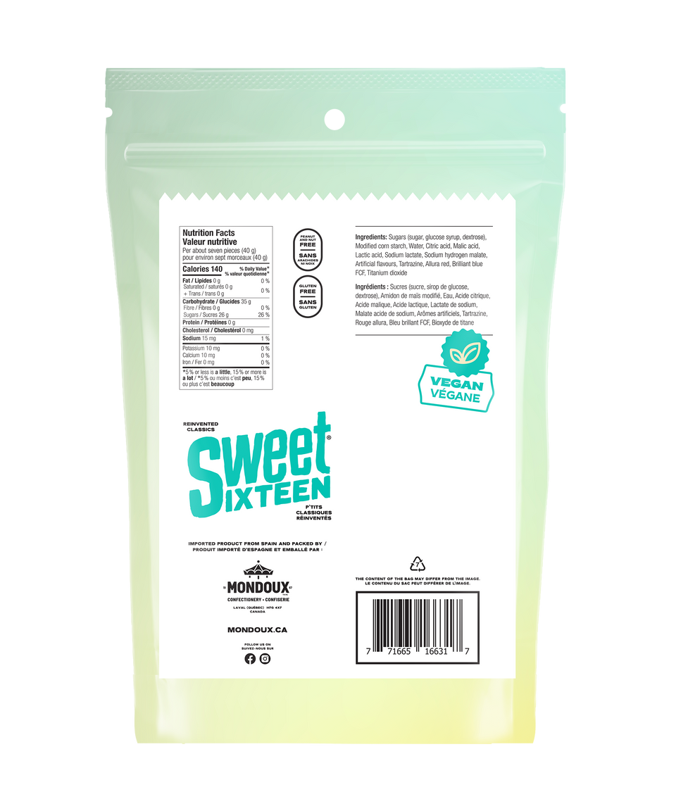 Mondoux Sweet Sixteen Vegan Sour Mix Gummies, 350g, back of bag.