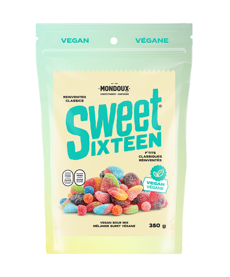 Mondoux Sweet Sixteen Vegan Sour Mix Gummies, 350g, front of bag.