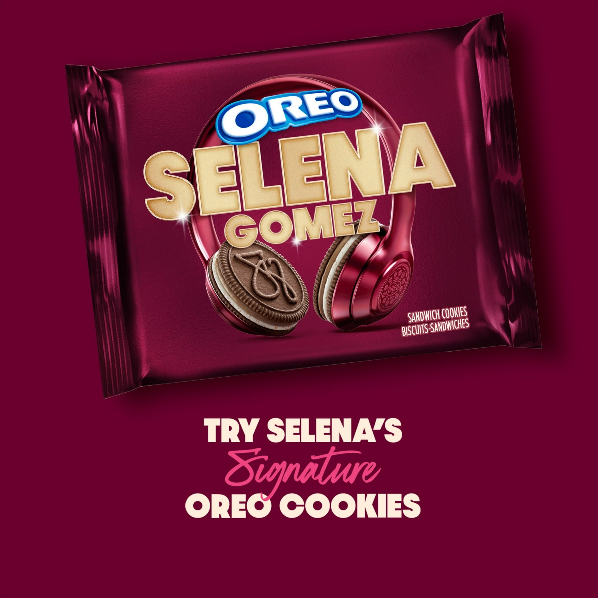 Oreo SELENA GOMEZ Chocolate & Cinnamon Creme Sandwich Cookies, 303g/10.6 oz - OREO Selena Gomez cookie package on a purple background