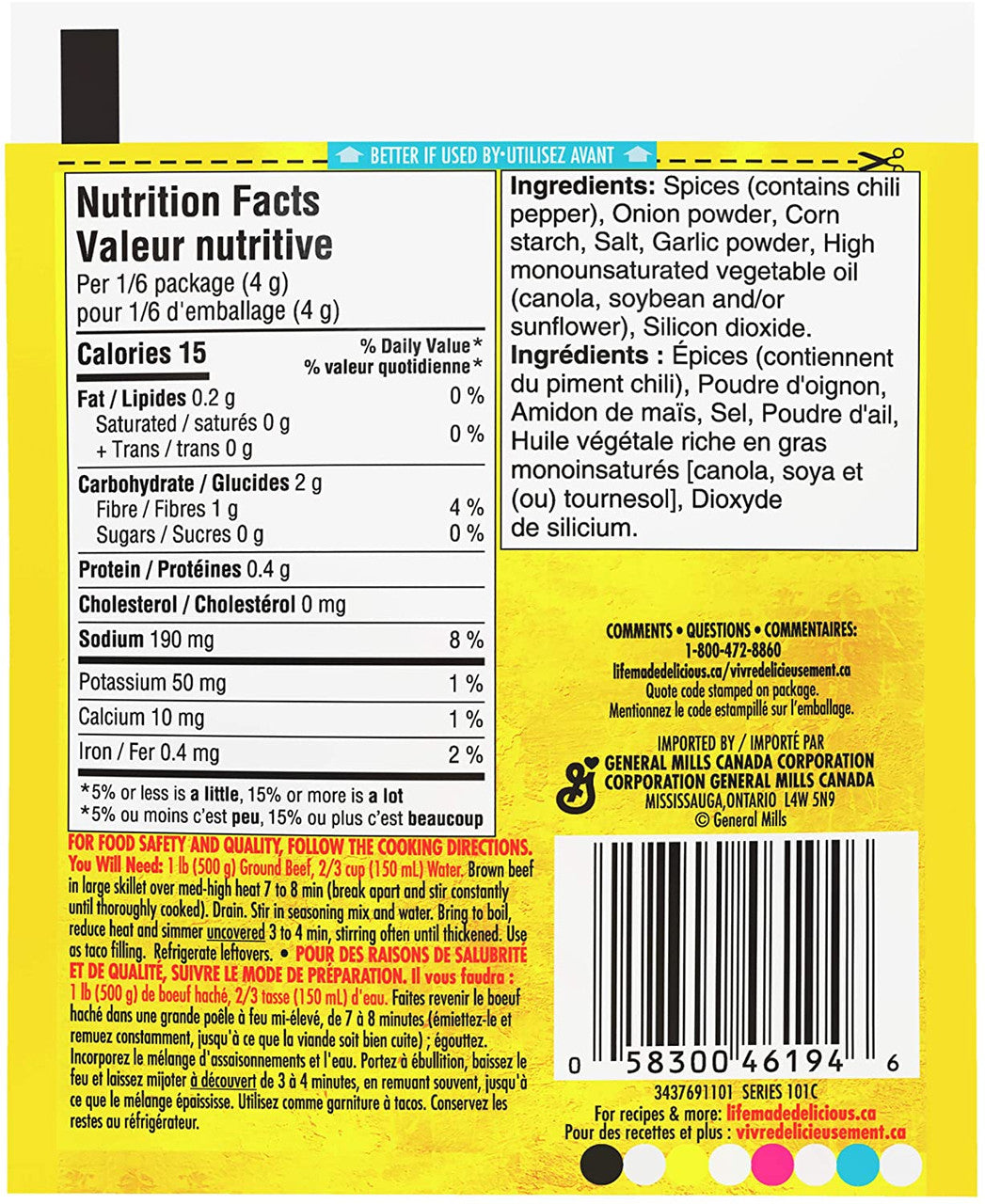 Old El Paso Smart Fiesta Reduced Sodium Taco Seasoning Mix, 24g/0.8 oz., {Imported from Canada}