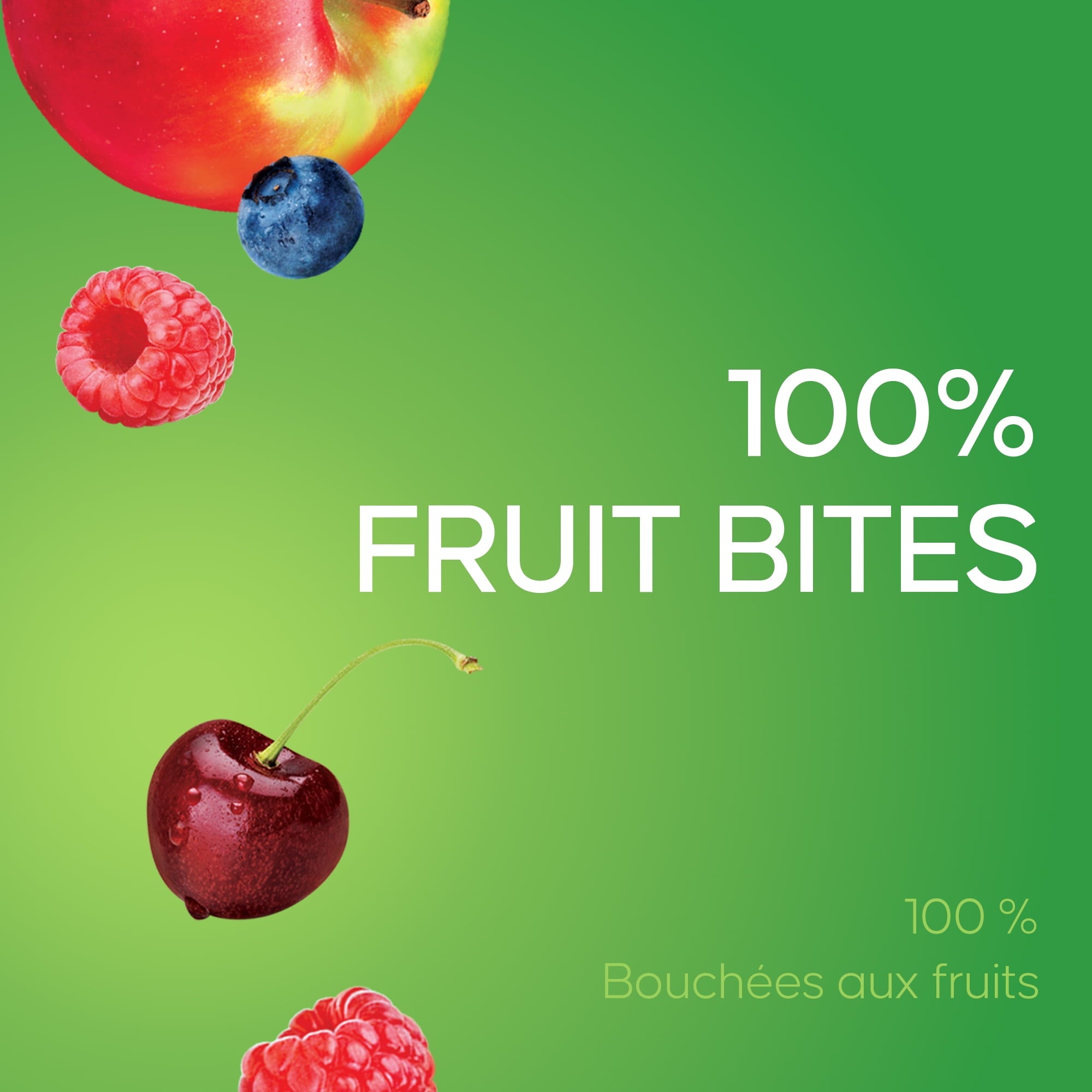 Fruit-themed product packaging with '100% Fruit Bites' text on a green background.