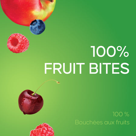 Fruit-themed product packaging with '100% Fruit Bites' text on a green background.