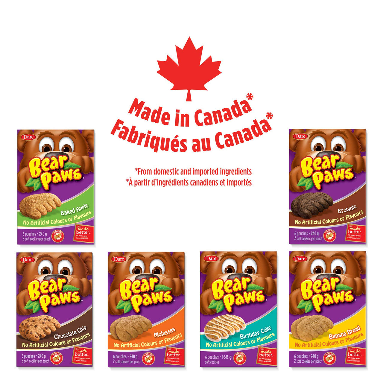 Dare Bear Paws, Chocolate Chip Soft Cookies, 480g/16.9 oz., x 12 Pouches, Family Pack, Peanut Free {Imported from Canada}